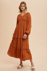 Camel Smocked Tiered Maternity Midi Dress