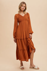 Camel Smocked Tiered Midi Dress