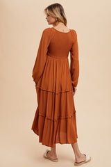 Camel Smocked Tiered Midi Dress