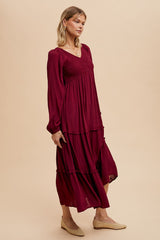 Burgundy Smocked Tiered Midi Dress