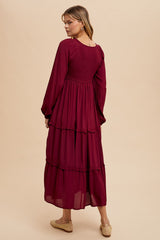 Burgundy Smocked Tiered Midi Dress