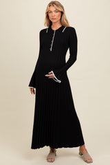 Black Ribbed Knit Collared Button Up Maternity Maxi Dress