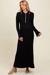 Black Ribbed Knit Collared Button Up Maternity Maxi Dress