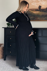 Black Ribbed Knit Collared Button Up Maternity Maxi Dress