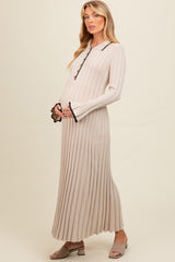 Beige Ribbed Knit Collared Button Up Maternity Maxi Dress