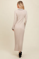 Beige Ribbed Knit Collared Button Up Maxi Dress