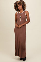 Brown Ribbed Knit Button Detail Sleeveless Maxi Dress