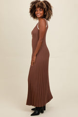 Brown Ribbed Knit Button Detail Sleeveless Maxi Dress