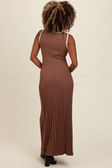 Brown Ribbed Knit Button Detail Sleeveless Maxi Dress