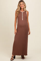 Brown Ribbed Knit Button Detail Sleeveless Maternity Maxi Dress