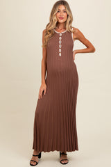 Brown Ribbed Knit Button Detail Sleeveless Maternity Maxi Dress