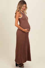 Brown Ribbed Knit Button Detail Sleeveless Maternity Maxi Dress