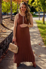 Brown Ribbed Knit Button Detail Sleeveless Maternity Maxi Dress