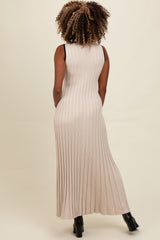 Beige Ribbed Knit Button Detail Sleeveless Maxi Dress