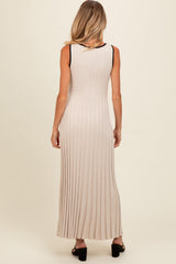 Beige Ribbed Knit Button Detail Sleeveless Maternity Maxi Dress