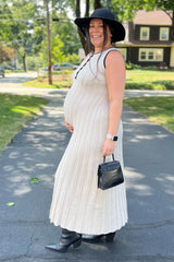 Beige Ribbed Knit Button Detail Sleeveless Maternity Maxi Dress