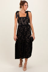 Black Velvet Lace Shoulder Bow Maxi Dress