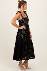 Black Velvet Lace Shoulder Bow Maxi Dress