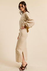 Beige Knit Asymmetrical Top Midi Skirt Set