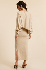 Beige Knit Asymmetrical Top Midi Skirt Set