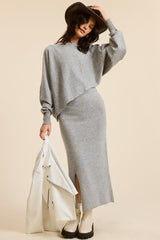 Heather Grey Knit Asymmetrical Top Midi Skirt Maternity Set