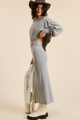 Heather Grey Knit Asymmetrical Top Midi Skirt Set