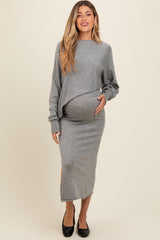 Beige Knit Asymmetrical Top Midi Skirt Maternity Set