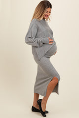 Beige Knit Asymmetrical Top Midi Skirt Maternity Set