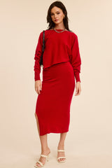 Red Knit Asymmetrical Top Midi Skirt Maternity Set