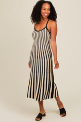 Black Striped Knit Fitted Maternity Midi Dress