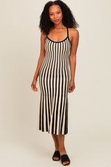 Black Striped Knit Fitted Midi Dress