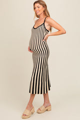 Black Striped Knit Fitted Maternity Midi Dress