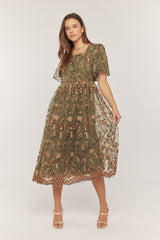 Olive Floral Embroidered Mesh Overlay Midi Dress