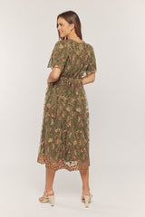 Olive Floral Embroidered Mesh Overlay Midi Dress