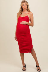 Red Rhinestone Sleeveless Ruched Mesh Maternity Midi Dress