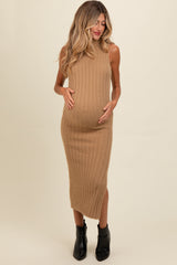 Taupe Fuzzy Knit Sleeveless Turtle Neck Maternity Midi Dress