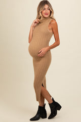 Taupe Fuzzy Knit Sleeveless Turtle Neck Maternity Midi Dress