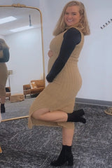 Taupe Fuzzy Knit Sleeveless Turtle Neck Maternity Midi Dress