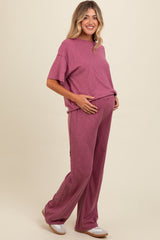 Mauve Textured Knit Oversized Tee And Pants Maternity Set