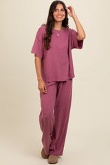 Mauve Textured Knit Oversized Tee And Pants Set