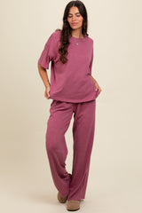 Mauve Textured Knit Oversized Tee And Pants Set