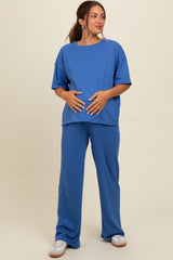 Blue Textured Knit Oversized Tee And Pants Maternity Set