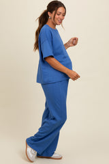 Blue Textured Knit Oversized Tee And Pants Maternity Set