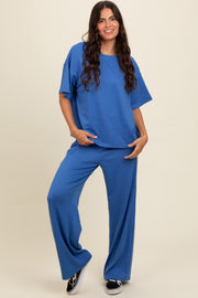 Blue Textured Knit Oversized Tee And Pants Set