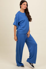 Blue Textured Knit Oversized Tee And Pants Set