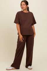 Brown Textured Knit Oversized Tee And Pants Maternity Set