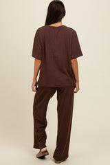 Brown Textured Knit Oversized Tee And Pants Set