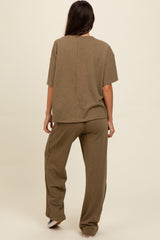 Olive Textured Knit Oversized Tee And Pants Set