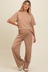 Taupe Textured Knit Oversized Tee And Pants Maternity Set