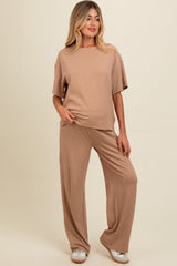 Taupe Textured Knit Oversized Tee And Pants Maternity Set